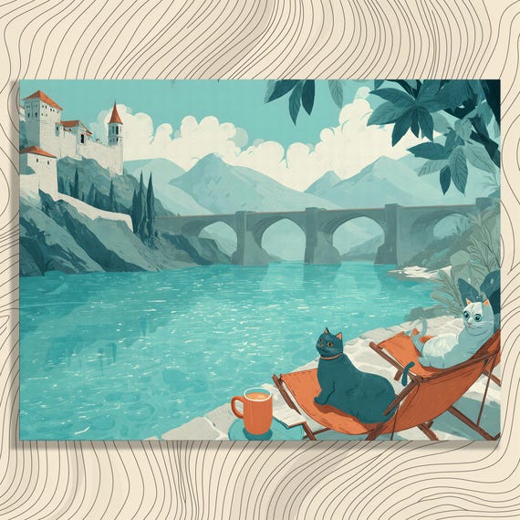 Cats By Castle Canvas Wall Art Colorful Cat Illustration Print With Turquoise Lake Bridge Mountains Nature Decor Painting Gift