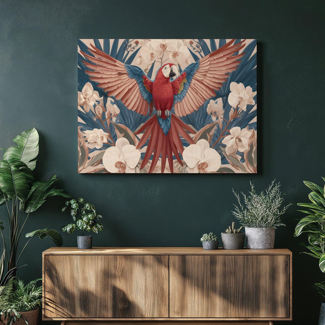 Scarlet Macaw Wings Spread Tropical Orchid Botanical Art Poster