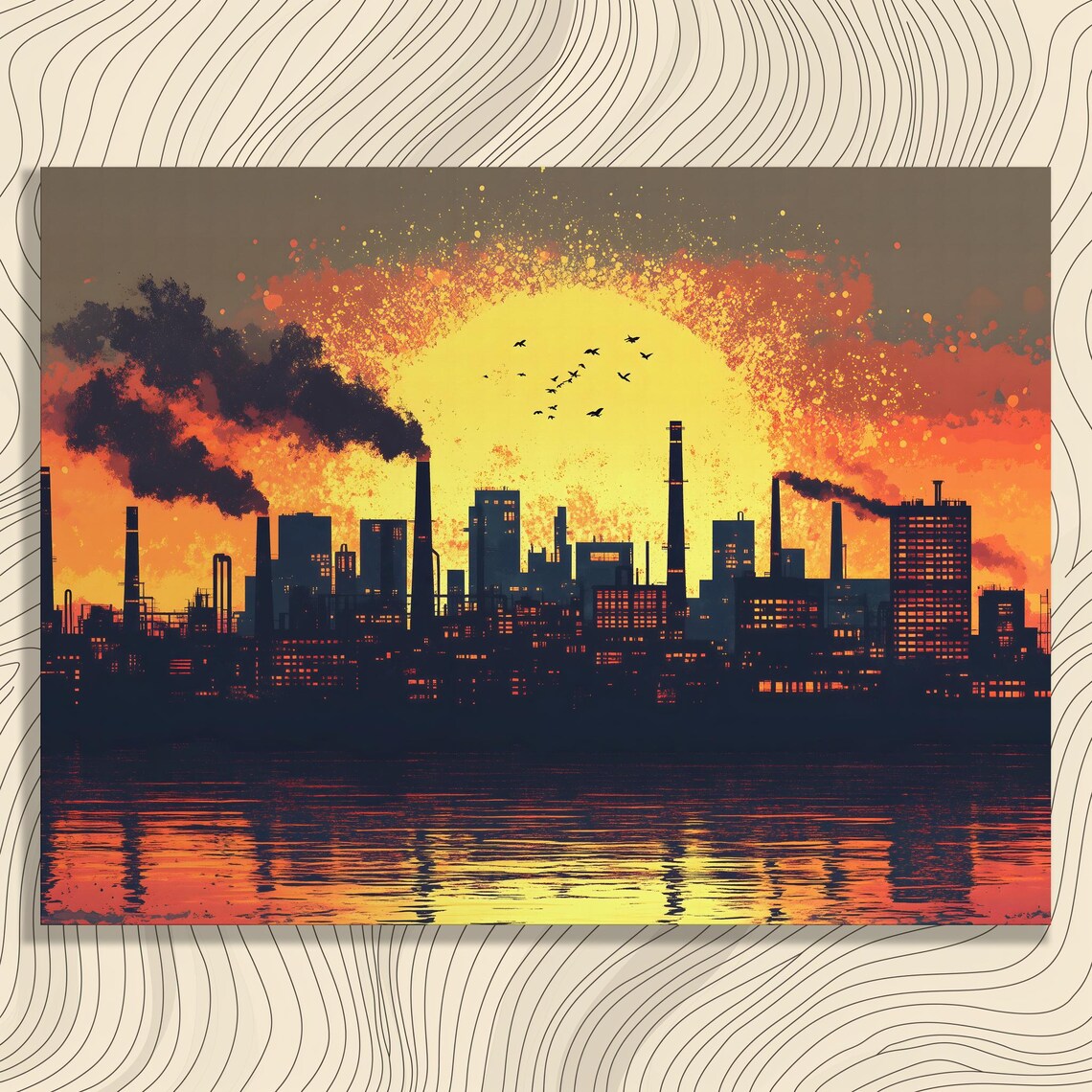 Vibrant Sunset Skyline Canvas Wall Art Modern City Print Industrial Silhouette Decor Bright Horizon Home