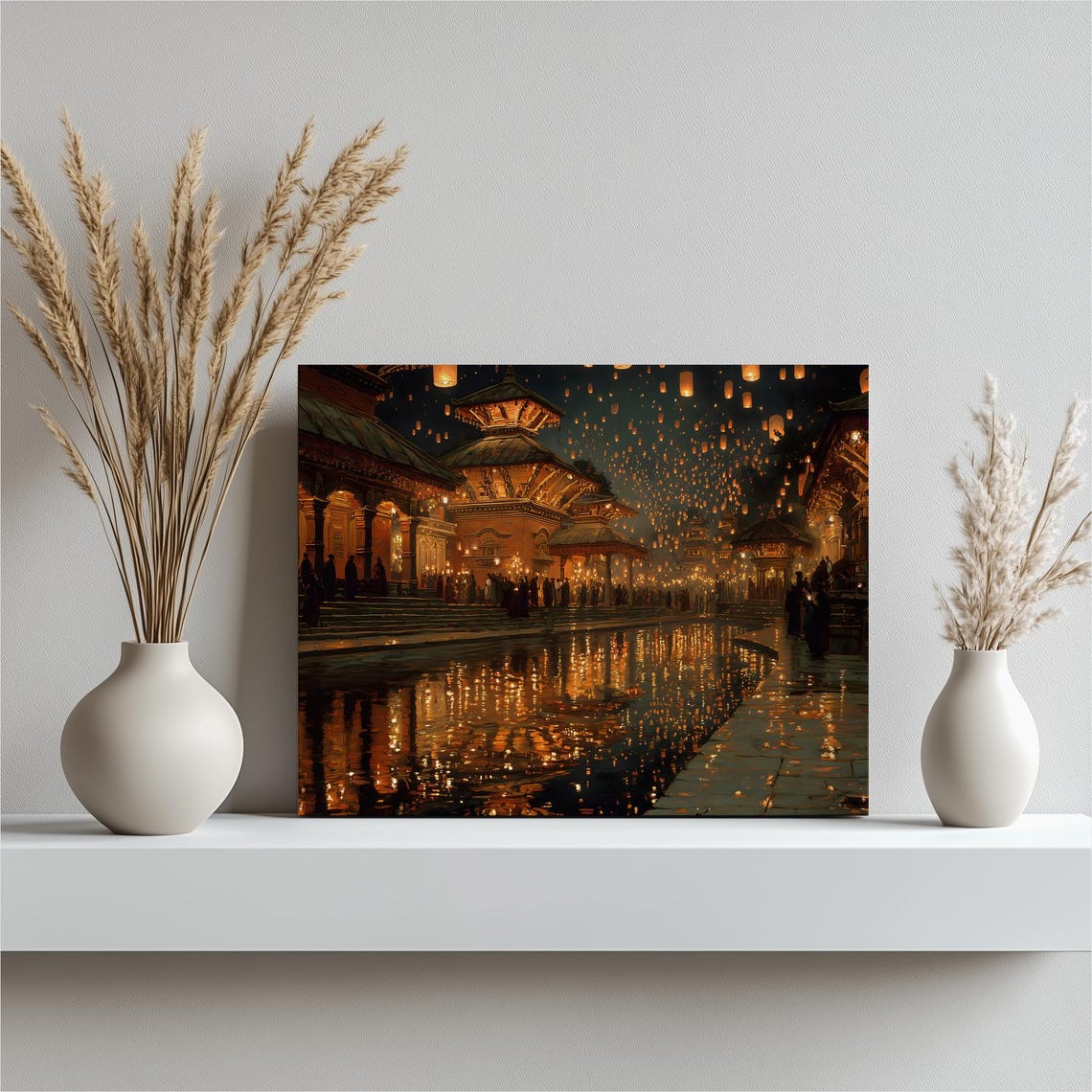 Nepal Temple Sky Lanterns Night Festival Water Reflection Poster
