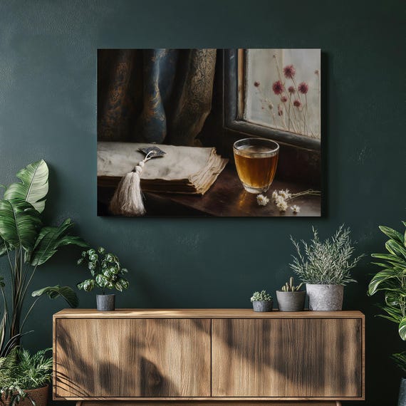 Vintage Still Life Canvas Wall Art Tea Cup With Dried Flowers And Antique Book On Window Sill Print Rustic Farmhouse Decor Painting Gift