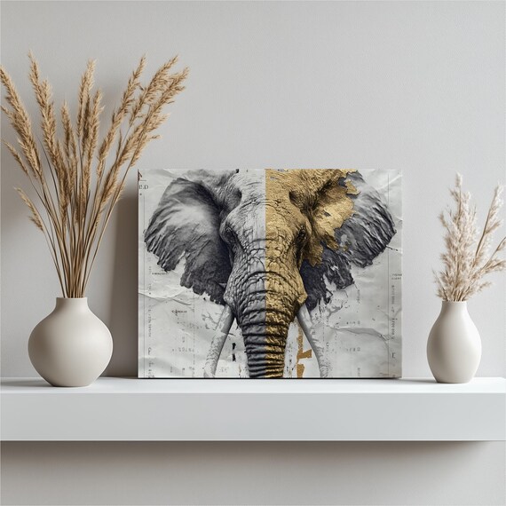 Striking Elephant Canvas Wall Art Gold Foil Mixed Media African Print Modern Abstract Wildlife Decor Gift For Nature Lovers