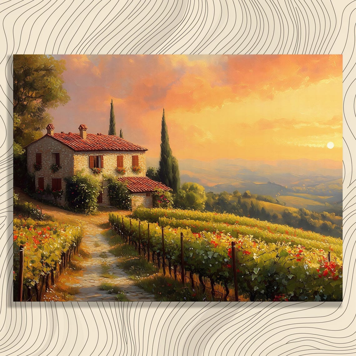 Tuscan Vineyard Sunset Stone Farmhouse Cypress Golden Hills Art Poster