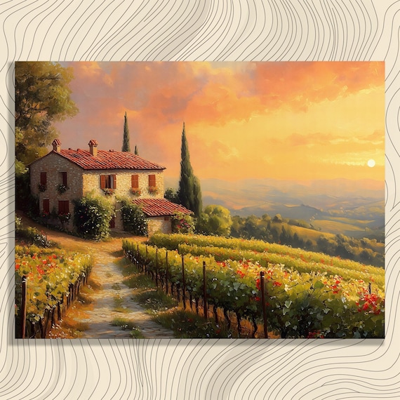 Tuscan Vineyard Sunset Stone Farmhouse Cypress Golden Hills Art Poster