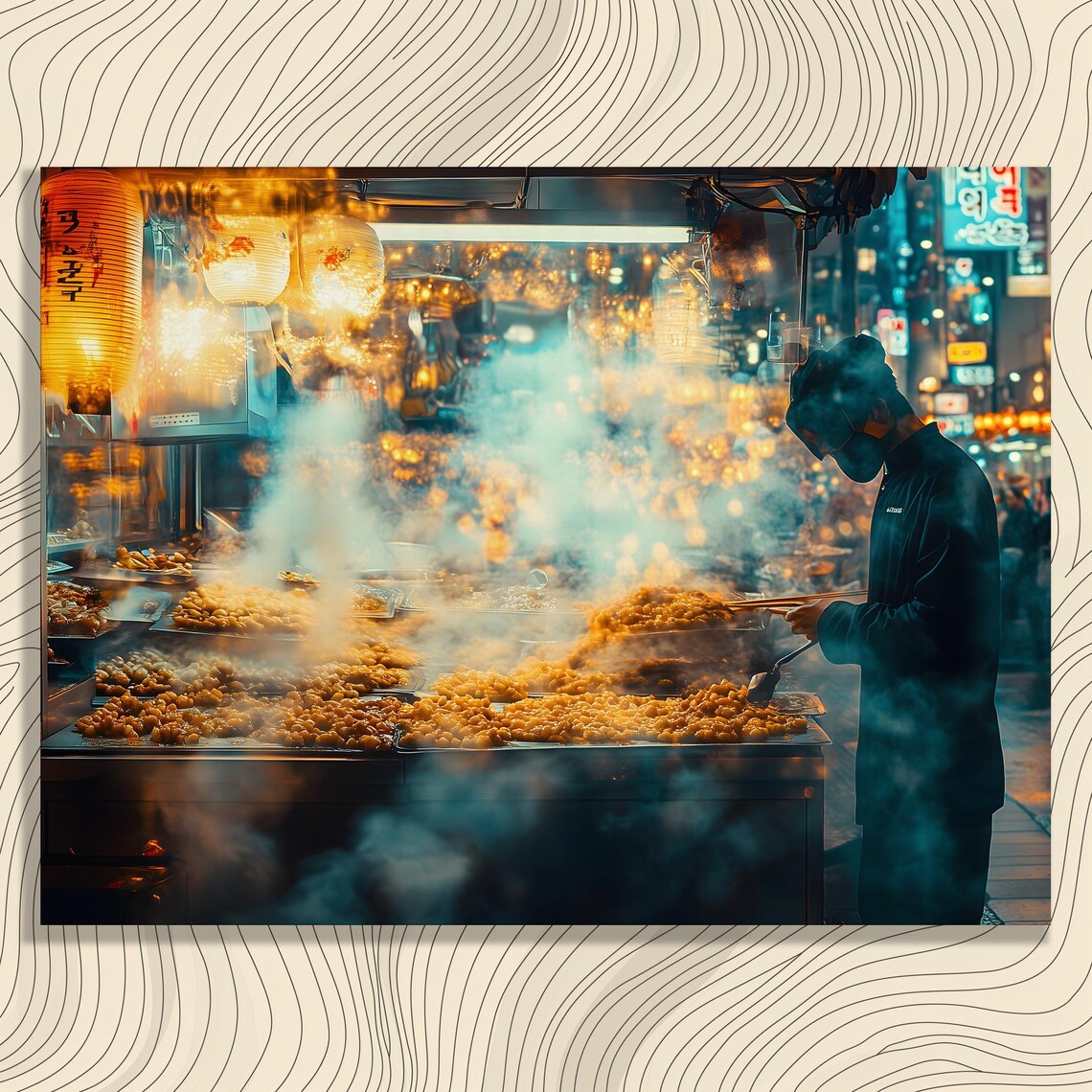 Japanese Night Market Street Food Steam Lanterns City Poster