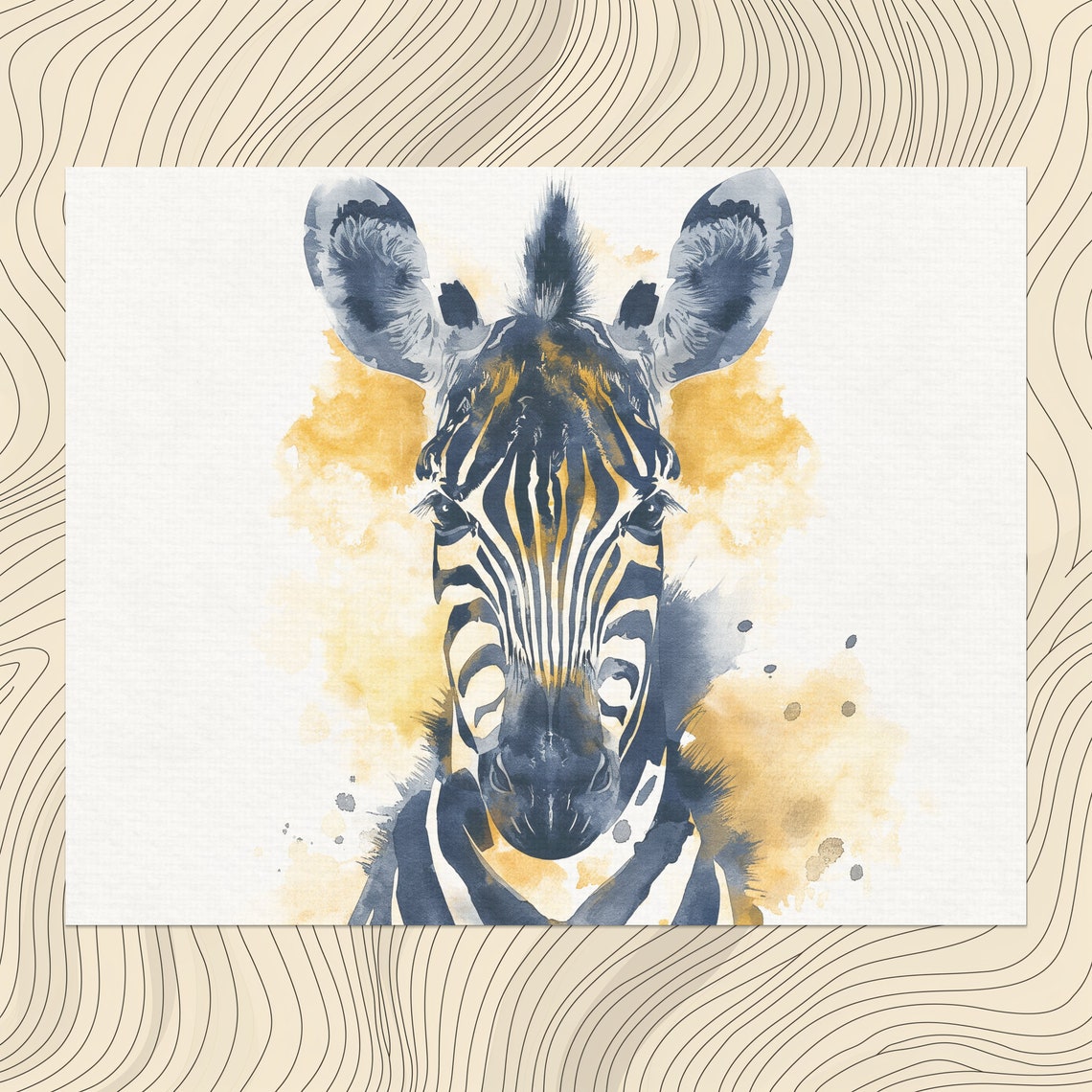 Elegant Watercolor Zebra Portrait Gold Blue Splatter Safari Wall Art