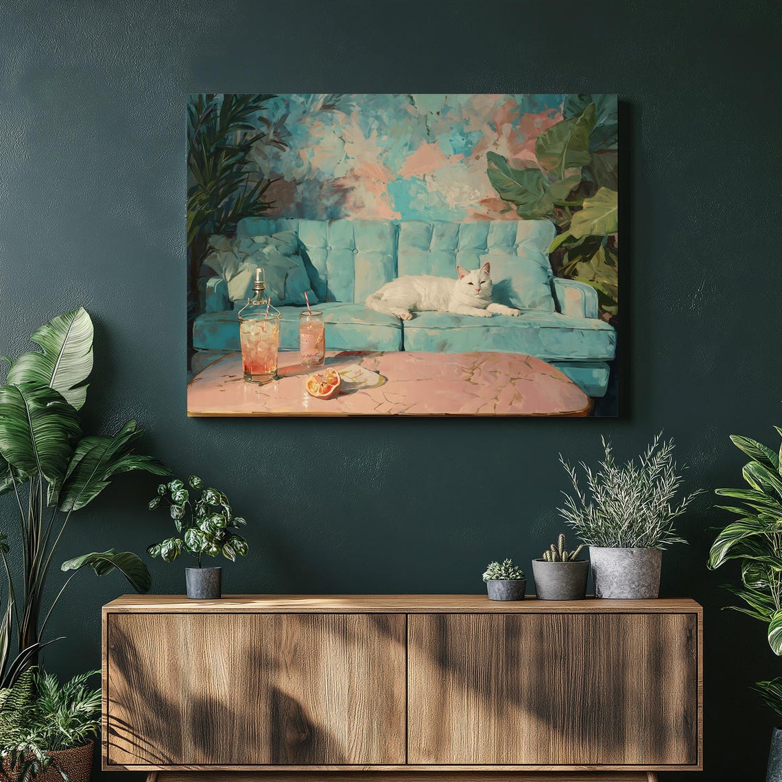 White Cat Tropical Sofa Pastel Coastal Dream Cat Lover Art Poster