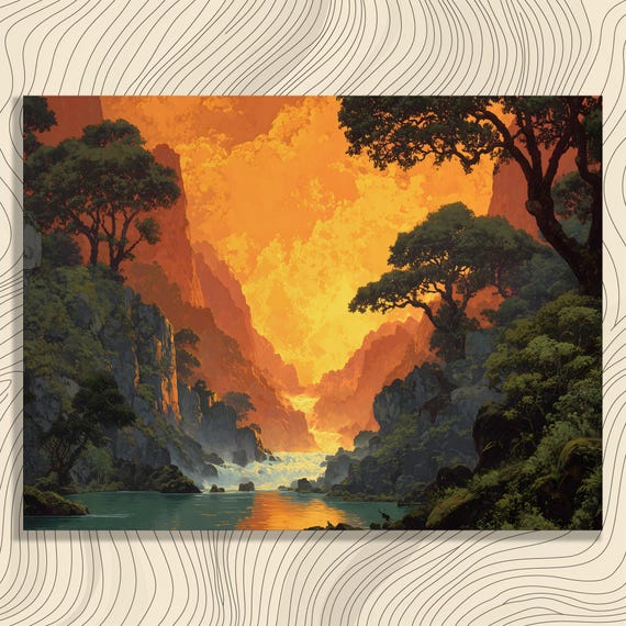 Waterfall Sunset Canvas Wall Art Colorful River Landscape Print Nature Decor Mountain Canyon Forest Painting Gift Contemporary