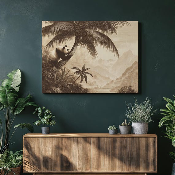Vintage Panda Canvas Wall Art Sepia Tropical Jungle Illustration With Palm Trees River Valley Mountain Scene Nature Decor Wildlife Giclee