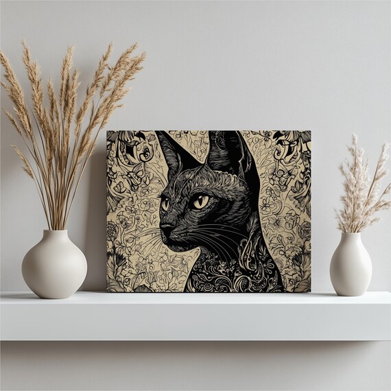 Oriental Shorthair Cat Ornate Floral Etching Style Black Feline Print