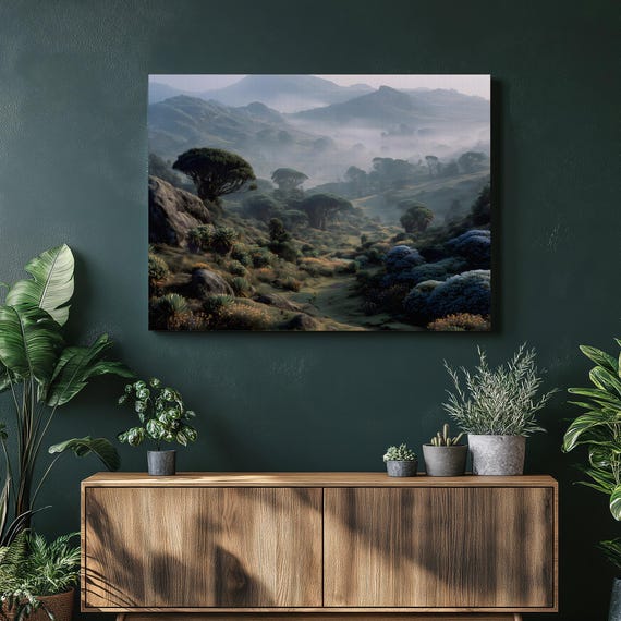 Misty Mountain Valley Canvas Wall Art Foggy Dawn Landscape Print With Lush Green Wildflowers Modern Nature Decor Serene Scene