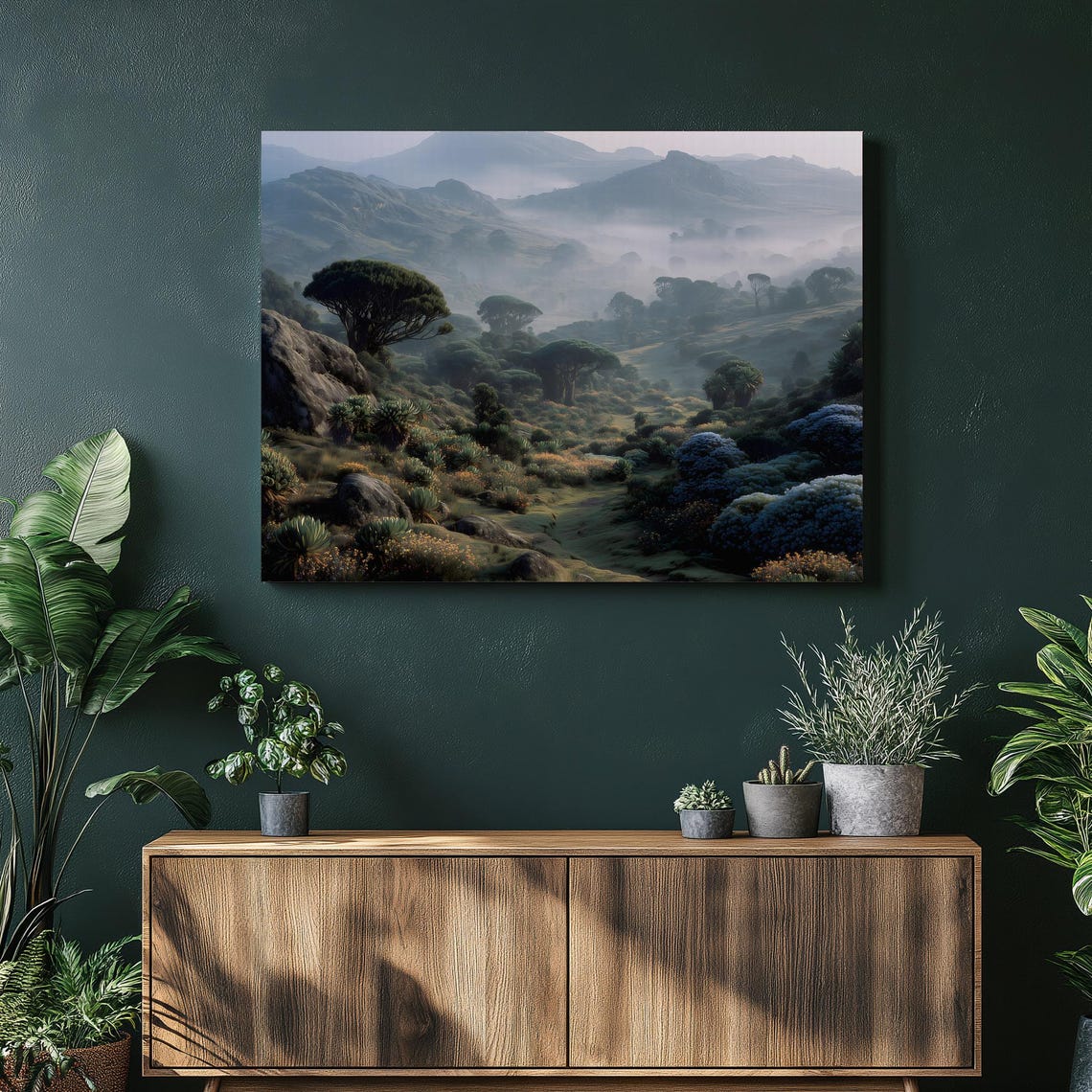 Misty Mountain Valley Umbrella Trees Painterly Landscape Poster