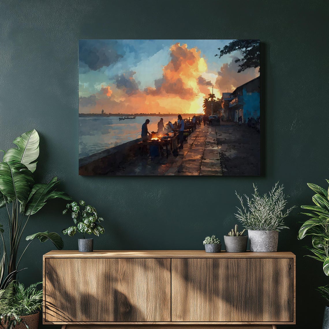 Waterfront Food Stalls Sunset River Market Evening Glow Art Print