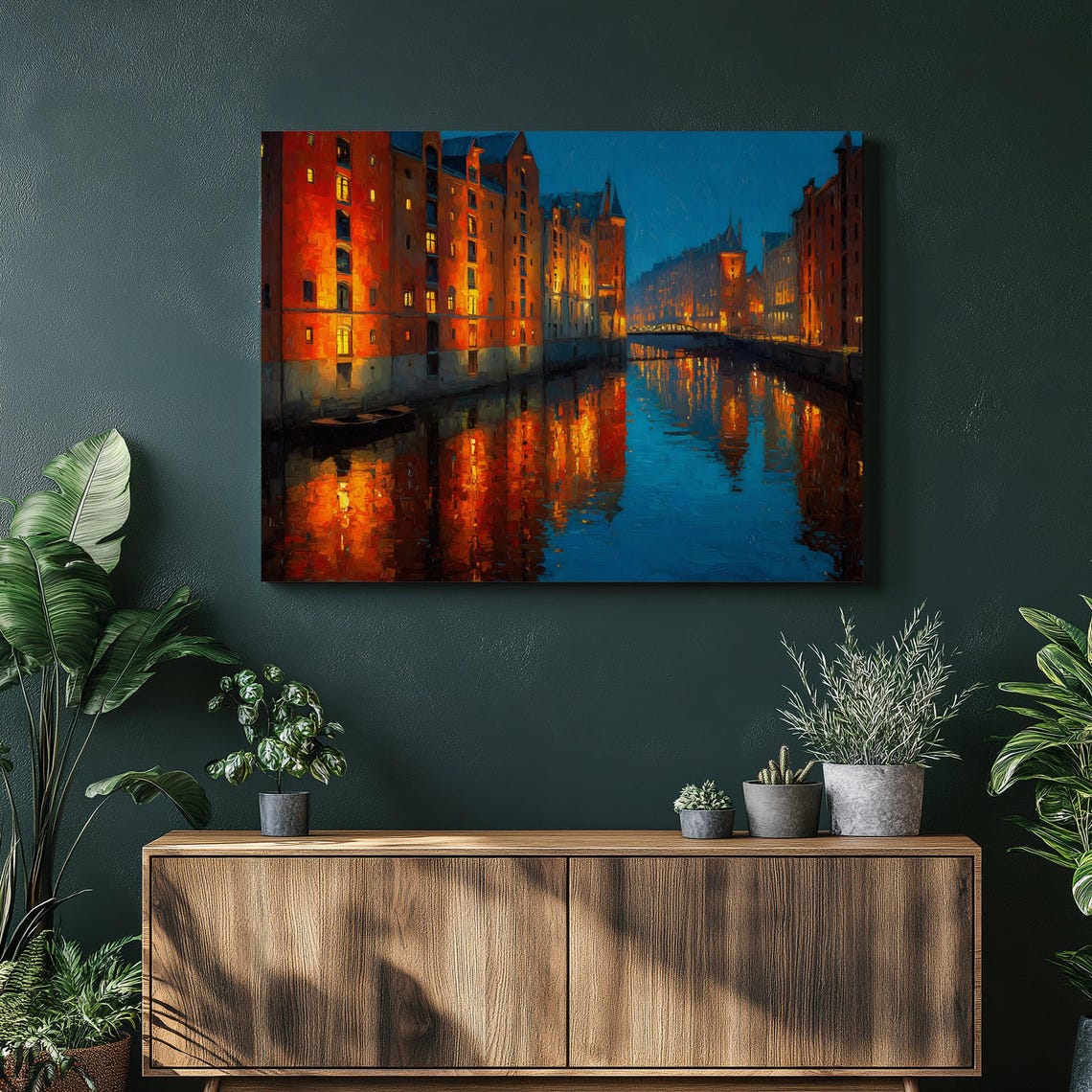 Glowing Brick Canal Cityscape Night Water Reflection Art Poster