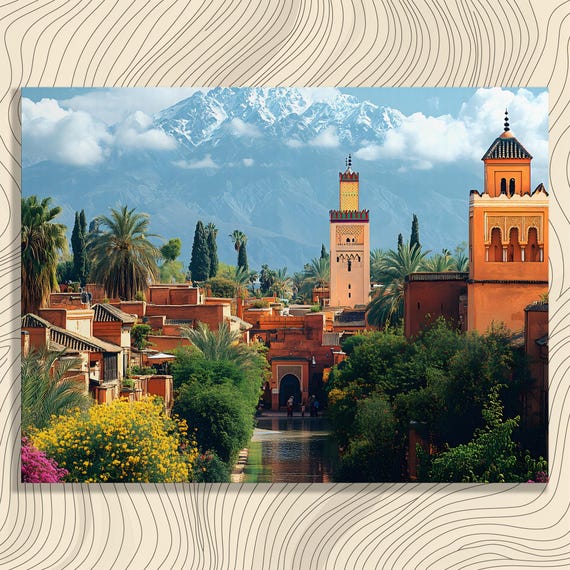 Marrakech Morocco Cityscape Canvas Wall Art Atlas Mountains View With Minarets Palm Trees Riad Rooftops And Vibrant Travel Decor Print