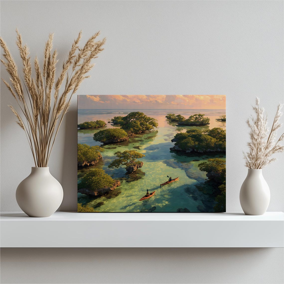 Tropical Sunset Kayakers Mangrove Islands Coastal Art Poster