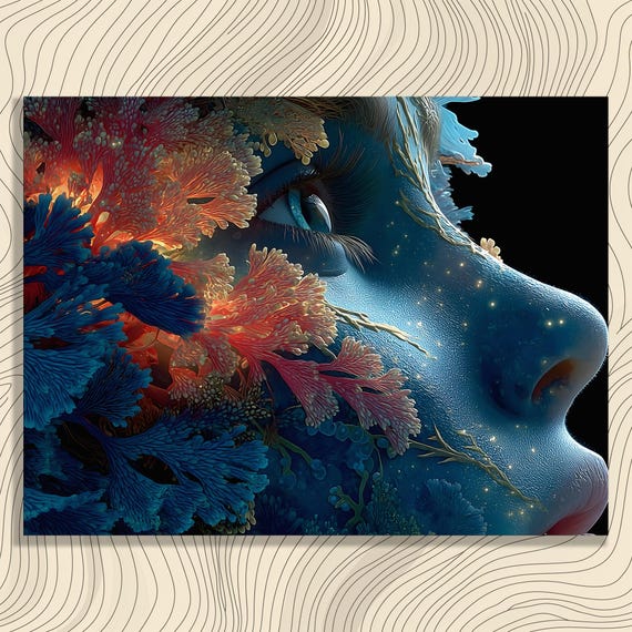 Surreal Coral Dream Canvas Wall Art Modern Mystical Portrait Print Fantasy Nature Fusion Decor Ocean Imagination Artwork