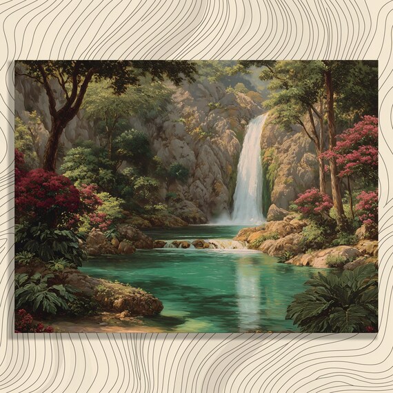 Tropical Waterfall Pool Print Emerald Lagoon Cliff Blossom Landscape