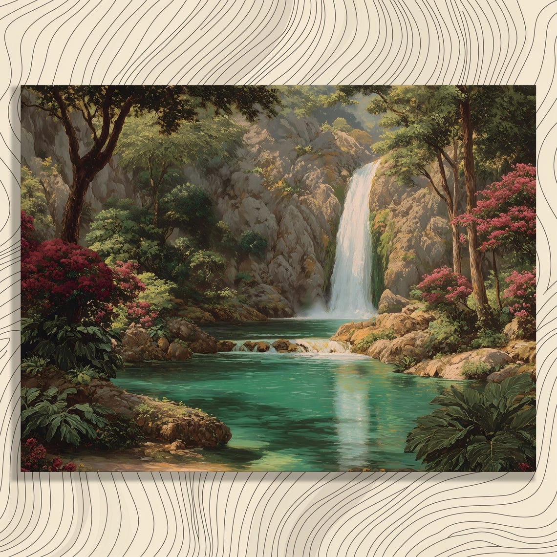 Tropical Waterfall Pool Print Emerald Lagoon Cliff Blossom Landscape