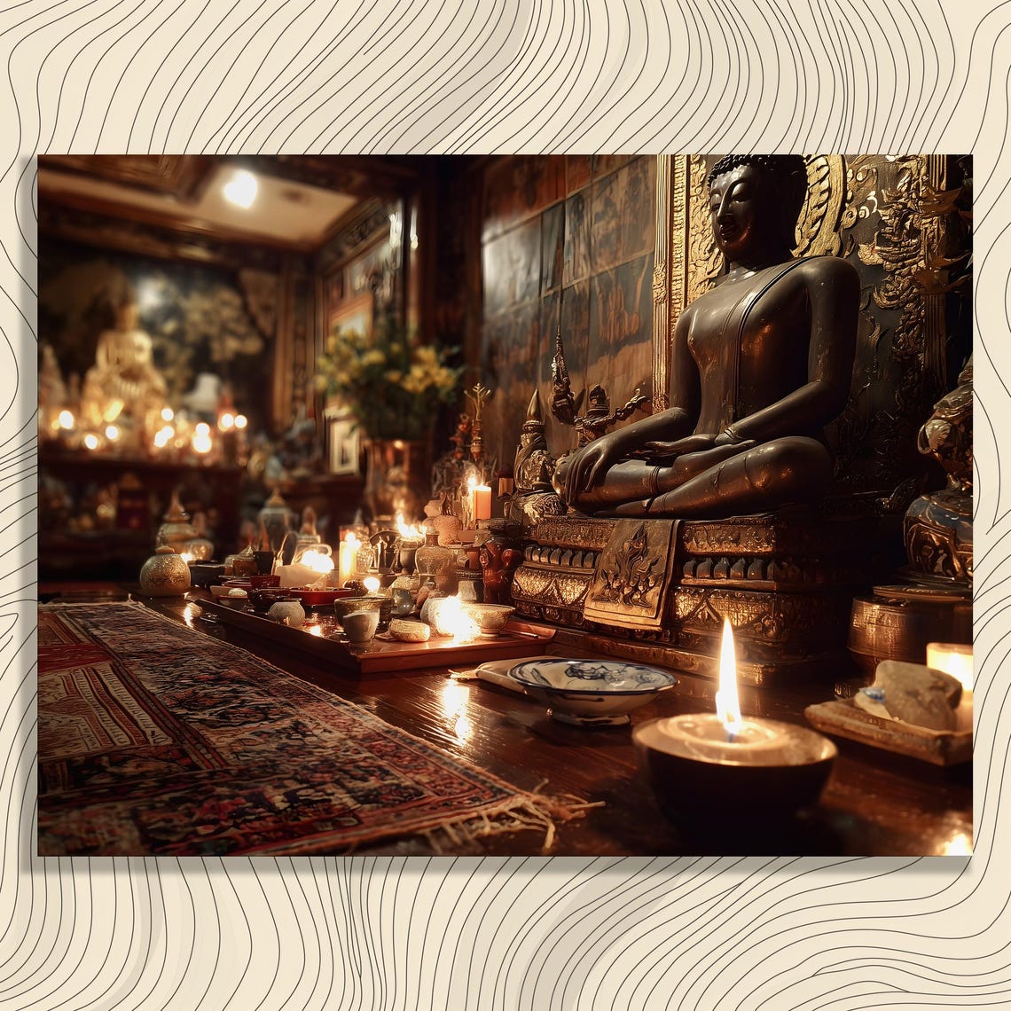 Buddha Shrine Candlelight Bronze Statue Moody Temple Zen Art Poster