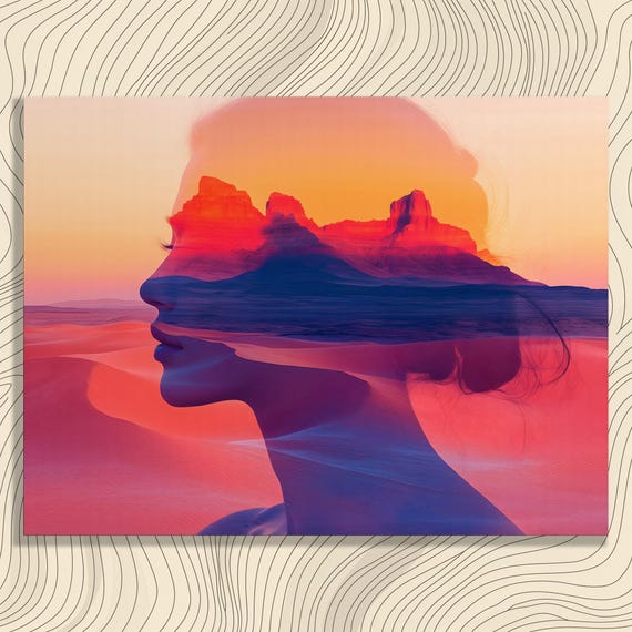 Desert Dunes Portrait Canvas Wall Art Serene Woman Profile With Sunset Mountains Dreamy Sand Ripples Colorful Landscape Print