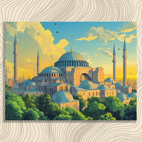 Vibrant Historic Mosque Canvas Wall Art Colorful Cityscape Sunset Painting Landscape Artwork Cultural Heritage Islamic Minarets Domes