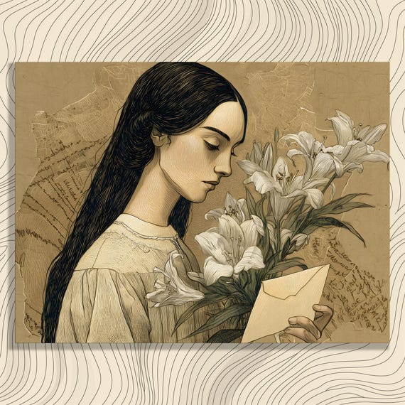 Vintage Lily Portrait Canvas Wall Art Sepia Line Drawing Woman With White Lilies Bouquet And Love Letter Botanical Print Nouveau