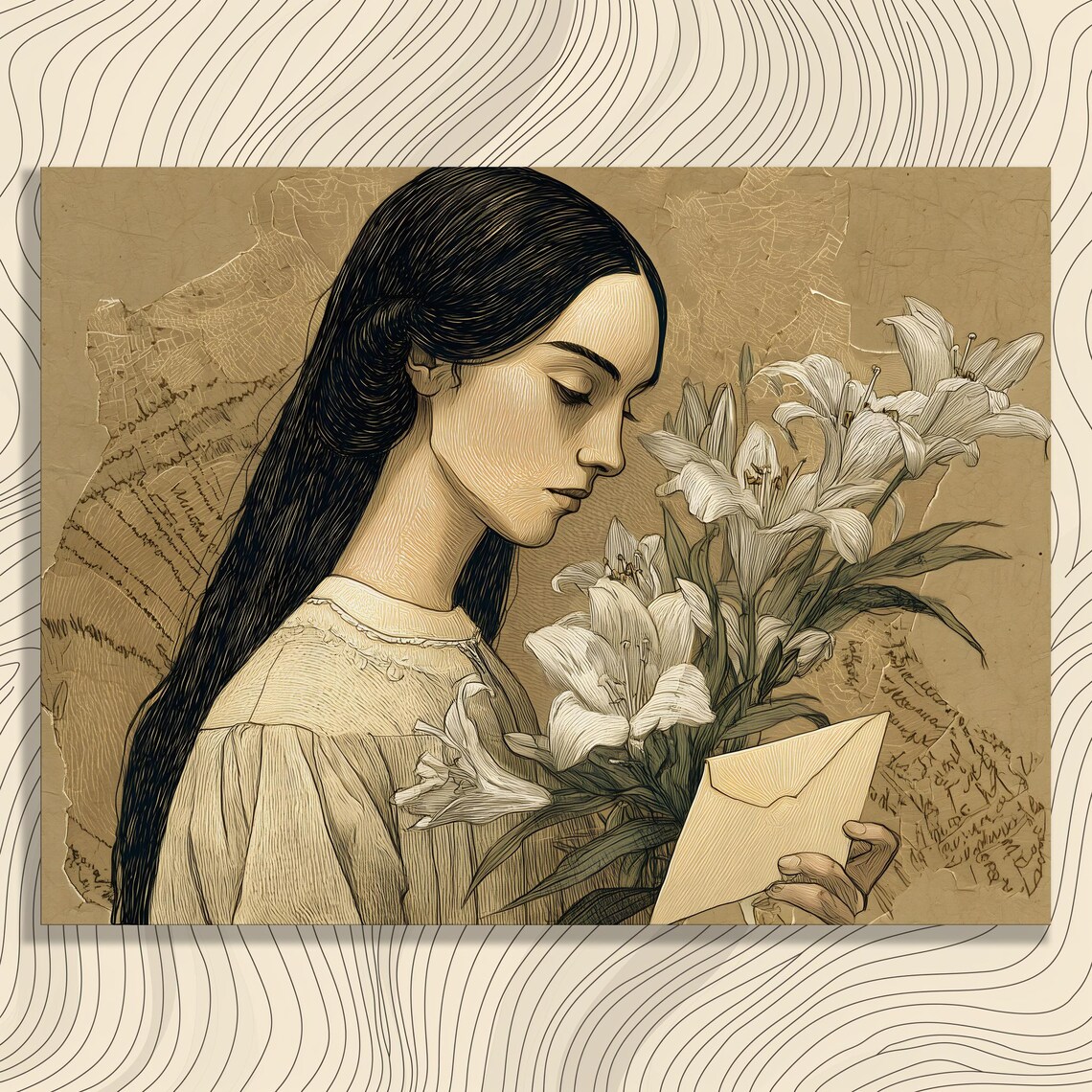 Vintage Sepia Woman White Lilies Letter Line Drawing Portrait Wall Art
