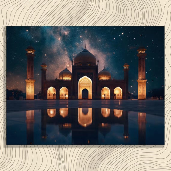 Mosque Starry Sky Canvas Wall Art Illuminated Domes And Minarets Reflection Islamic Architecture Nightscape Print Celestial Travel Decor
