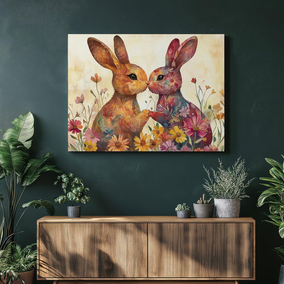 Two Watercolor Rabbits Nose to Nose Wildflower Garden Art Poster