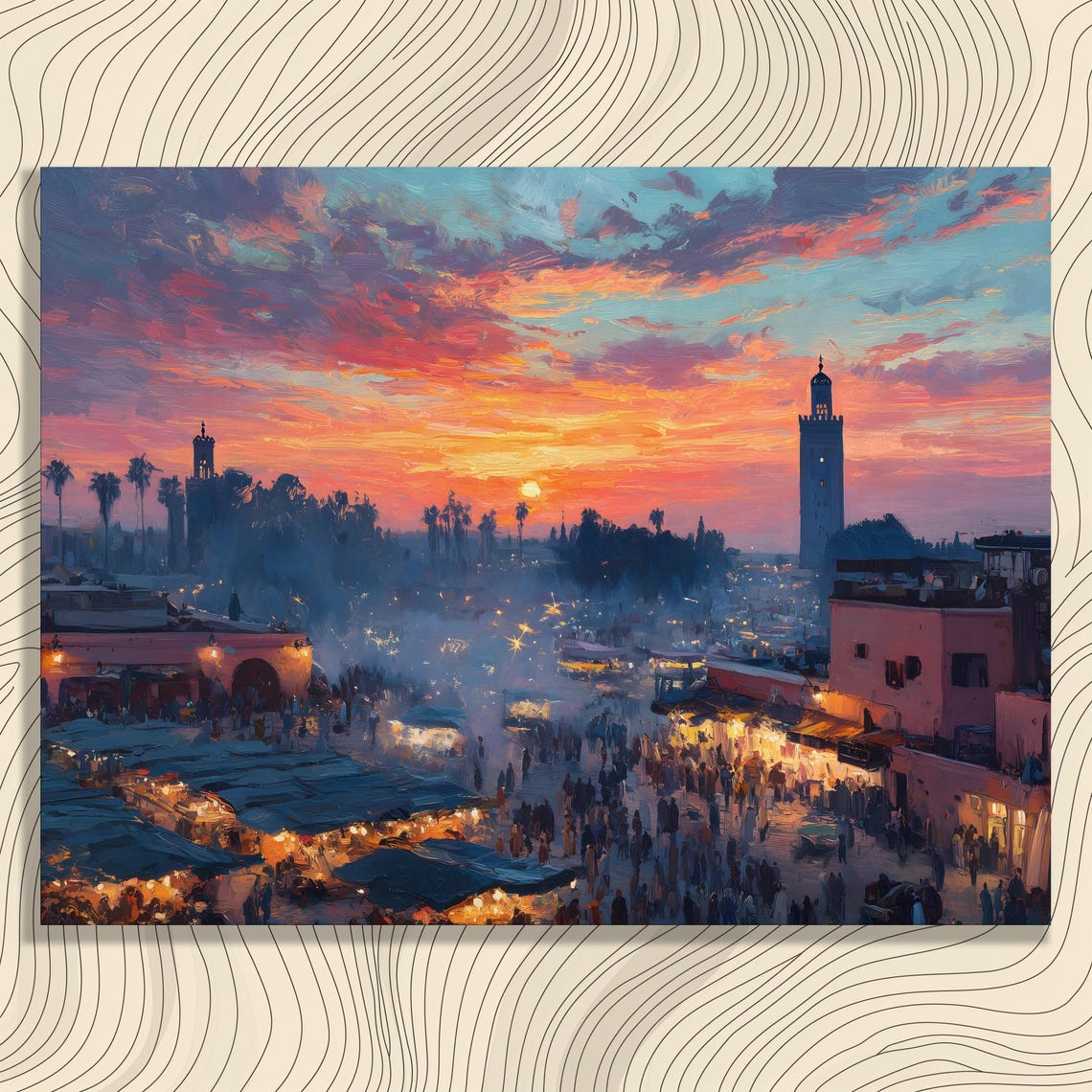 Moroccan Market Square Sunset Minaret Bustling Crowd Art Poster