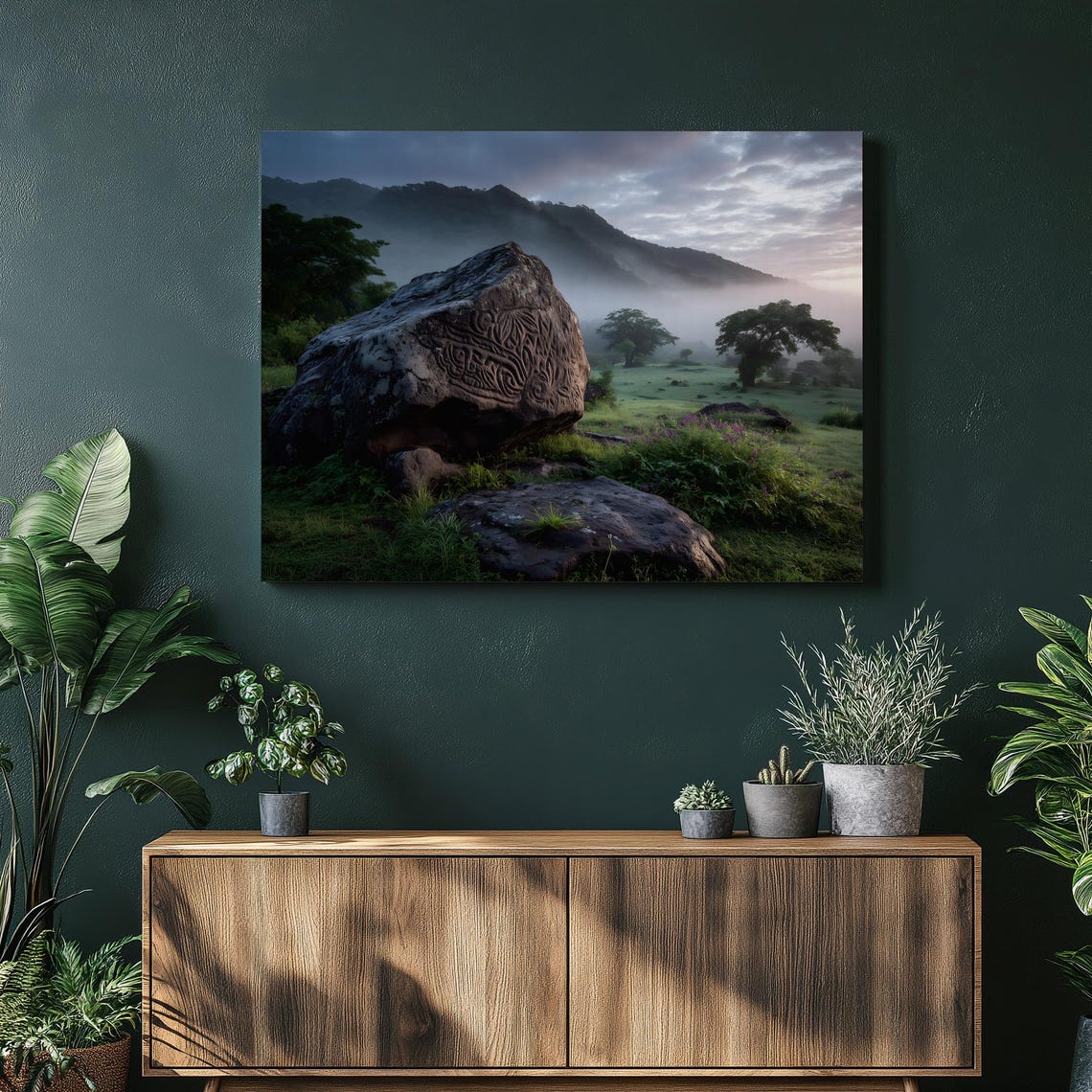 Misty Sunrise Mountain Valley Ancient Rock Carving Art Print