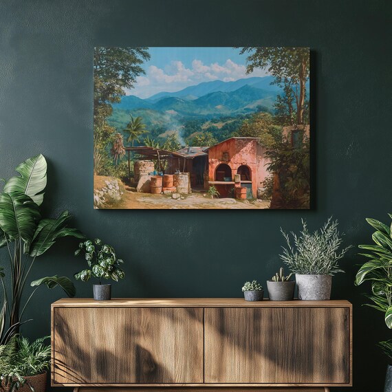 Rustic Mountain Cabin Oven Poster Outdoor Brick Kitchen Scenic Landscape