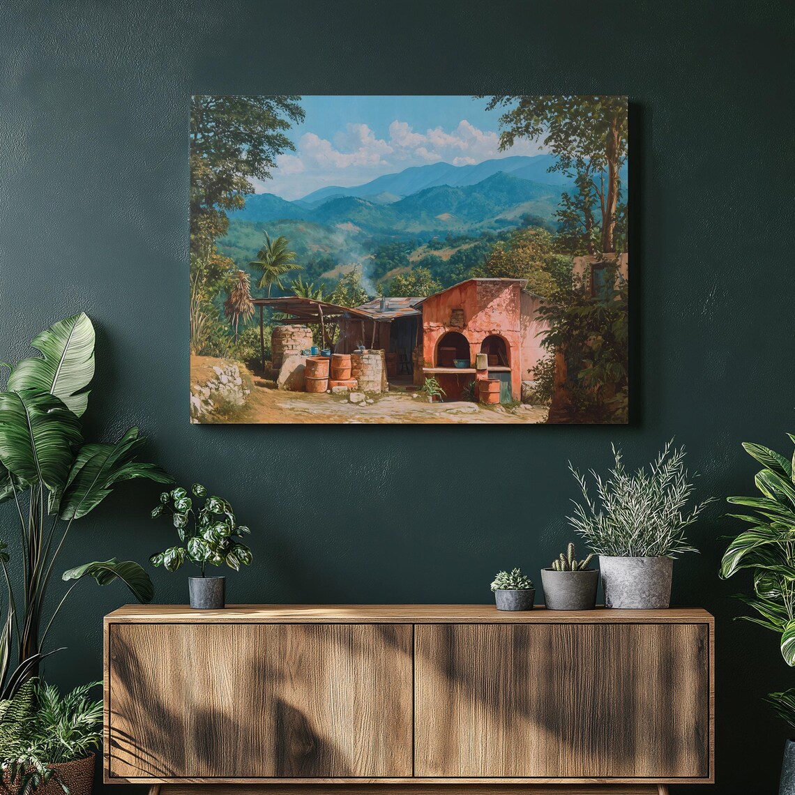 Rustic Mountain Cabin Oven Poster Outdoor Brick Kitchen Scenic Landscape