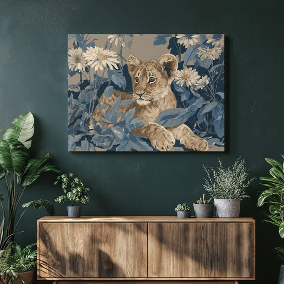 Modern Lion Cub Canvas Wall Art Blue Botanical Daisies Print Neutral Beige Wildlife Decor Nature Illustration Animal Painting Gift