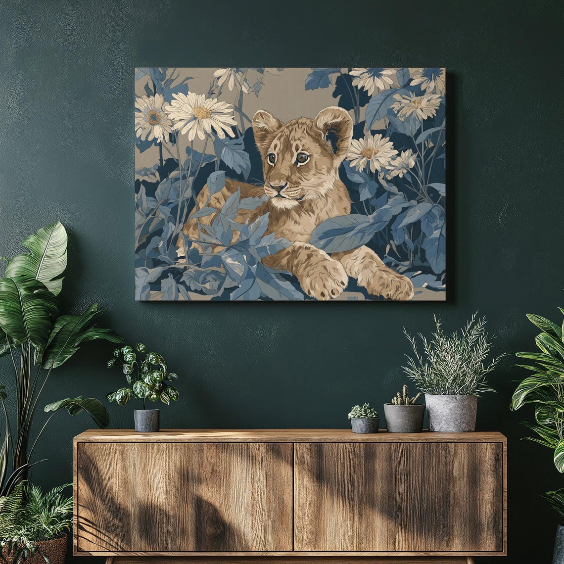 Curious Lion Cub Blue Botanical Daisy Art Nouveau Wildlife Poster