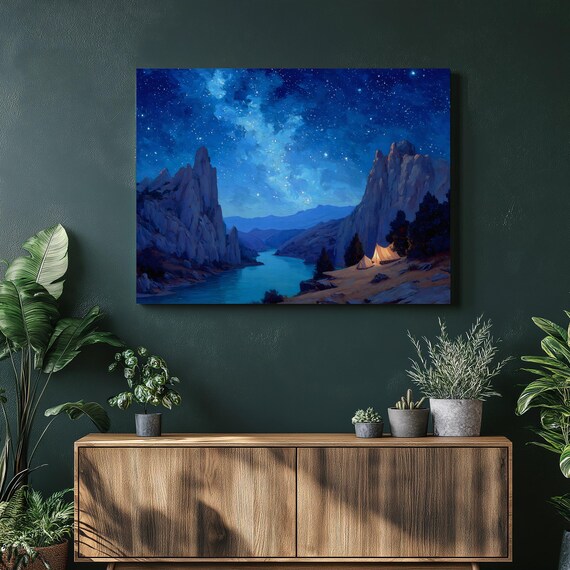 Starry Milky Way Sky Over a Rocky Canyon with a Glowing Campsite Tent Print
