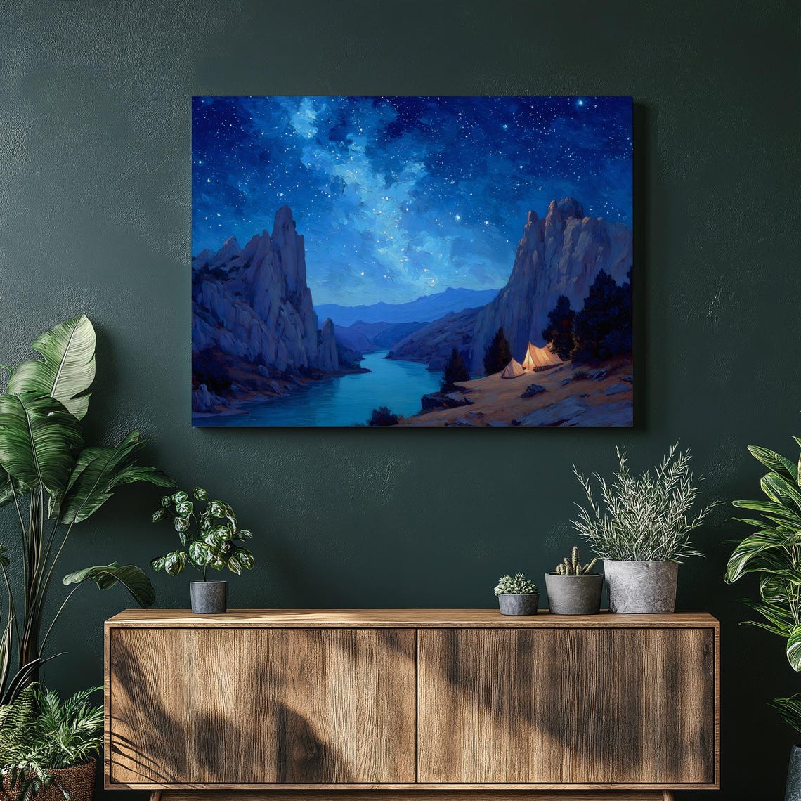 Starry Night Camping Canvas Wall Art Milky Way Over Mountains And River Landscape Colorful Nature Sky Star Gazing