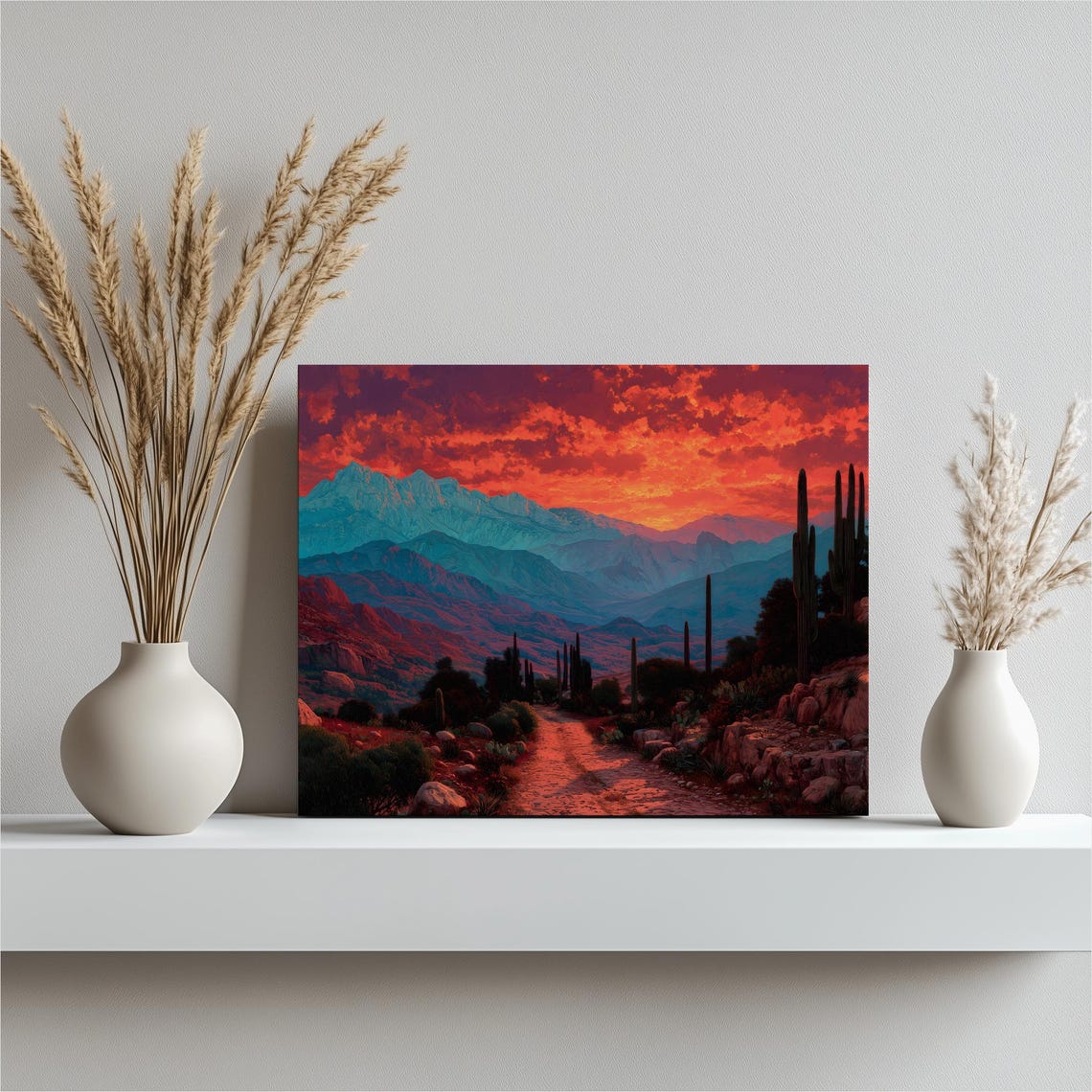 Sunset Desert Trail With Saguaro Cacti Fiery Sky Landscape Poster