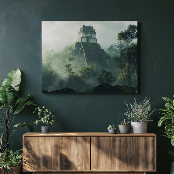 Mayan Temple Pyramid Jungle Wall Art Canvas Tikal Ruins Landscape Painting Abstract Murals Mystical Mist Lush Greenery Home Decor
