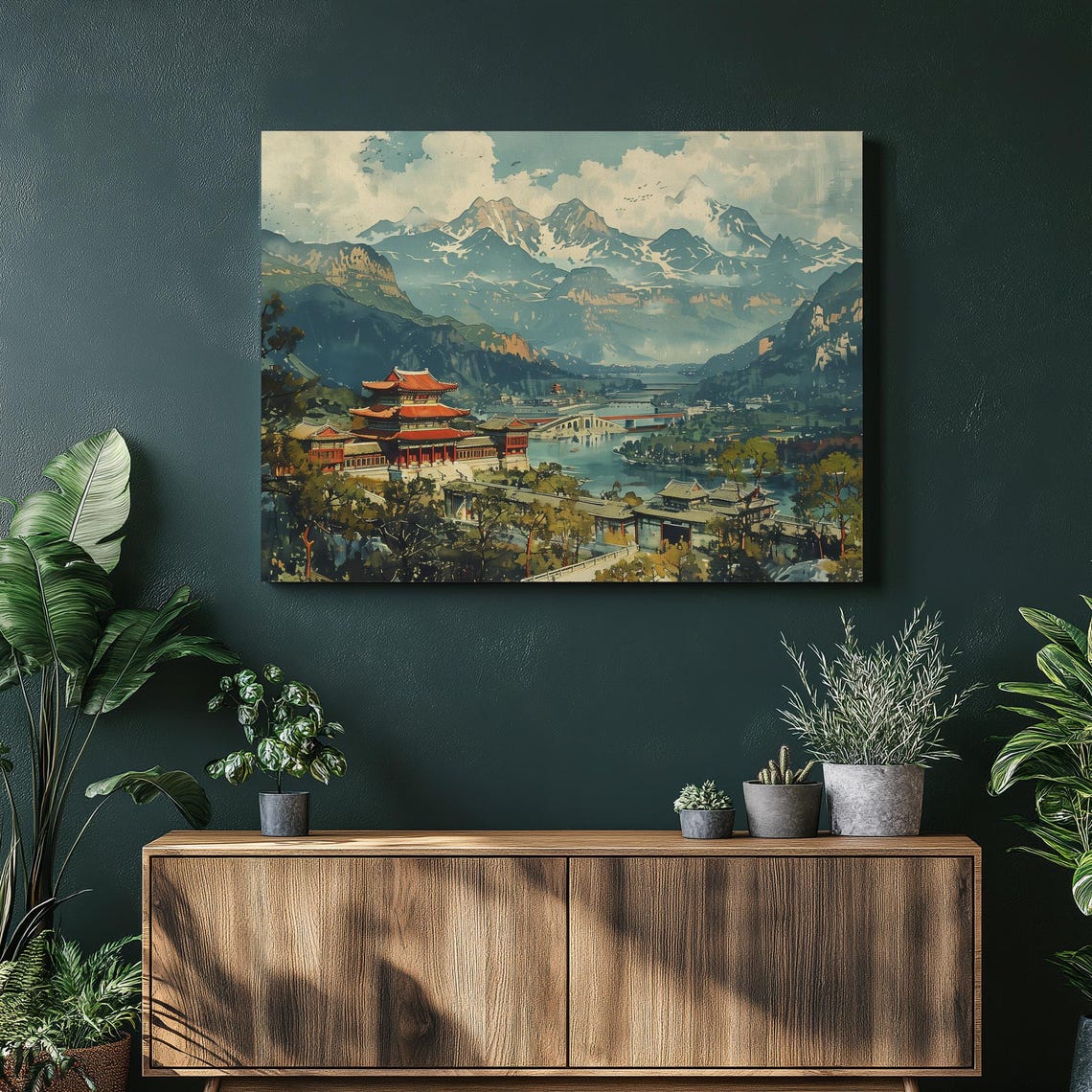 Korean Temple Mountain Lake Vintage Asian Landscape Art Poster