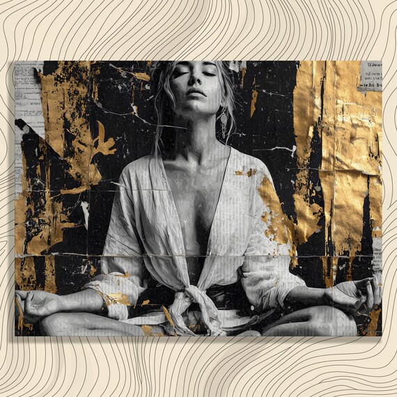 Yoga Meditation Canvas Wall Art Modern Black And White Mixed Media Portrait Collage Gold Accents Mindfulness Zen Print Decor