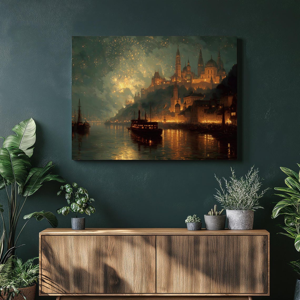Fireworks Over Old River City Night Lights Festival Painting Poster
