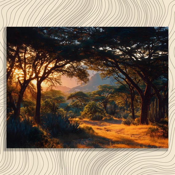African Savanna Sunset Canvas Wall Art Colorful Golden Hour Print With Acacia Groves Sun Rays Grasses Desert Cactus And Distant Mountains