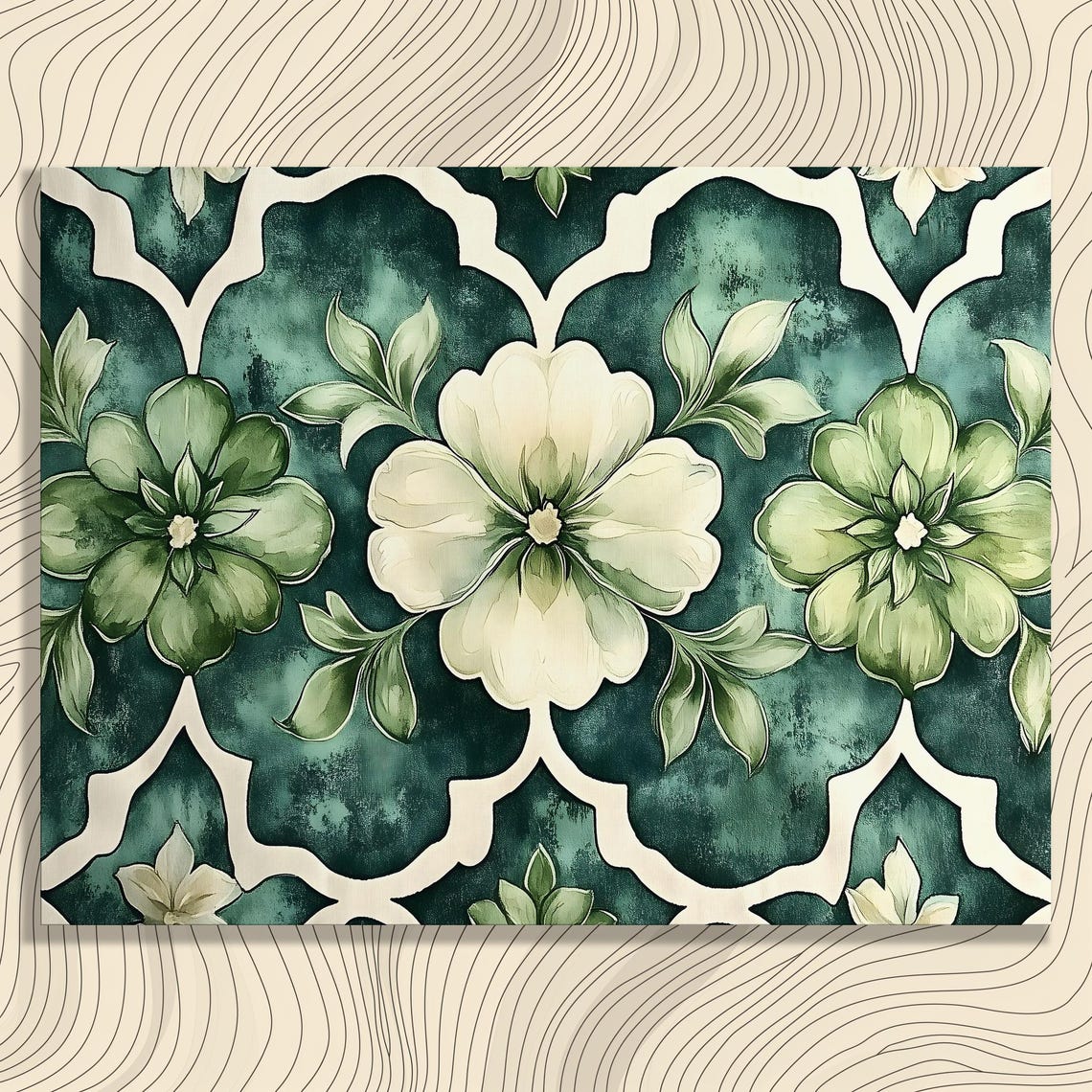 Floral Canvas Wall Art Botanical Vintage Print Pattern Decor Green Beige Boho Eclectic Baroque Style Home