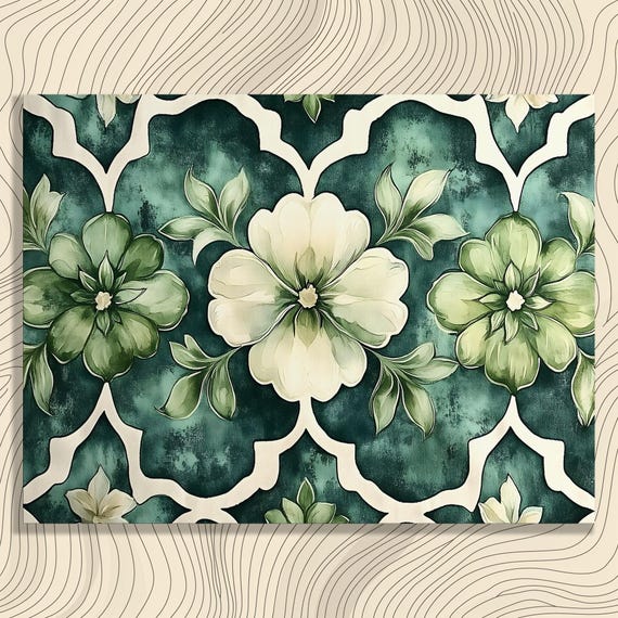 Floral Canvas Wall Art Botanical Vintage Print Pattern Decor Green Beige Boho Eclectic Baroque Style Home