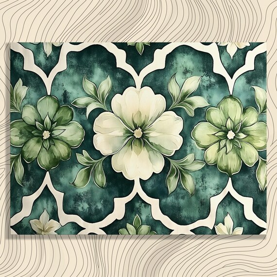 White And Green Botanical Quatrefoil Pattern On Deep Teal Poster