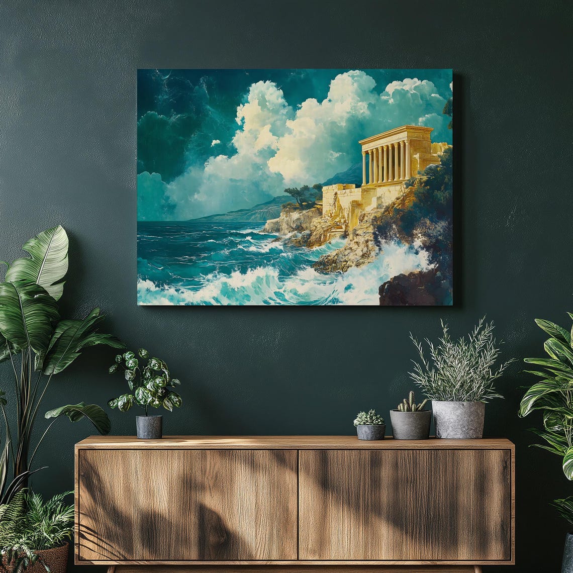 Greek Temple Coastal Cliffs Dramatic Golden Seascape Waves Poster