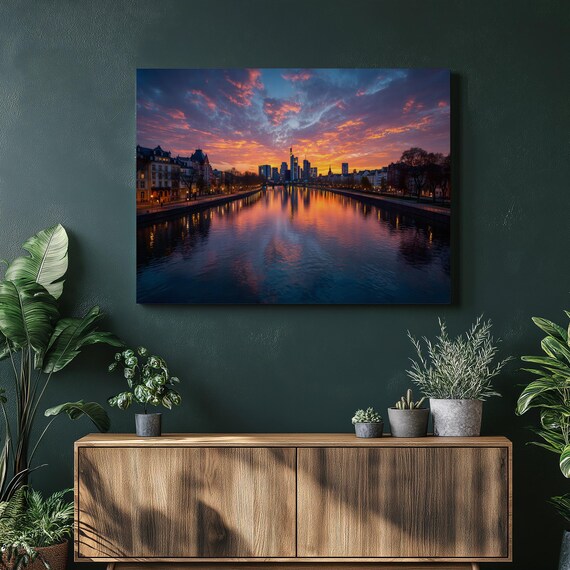 Sunset City Skyline Canvas Wall Art Urban Landscape Print With River Reflections Modern Decor Photography Gift Panoramic Vie