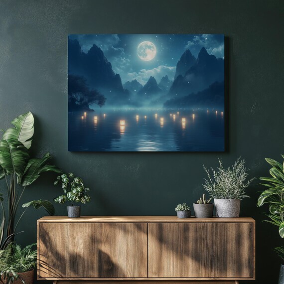 Serene Lake Canvas Wall Art Mountains Full Moon Floating Lanterns Under Starry Night Modern Nature Decor For Home